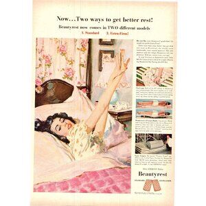1951 Simmons Beautyrest Mattress Vintage Print Ad Woman in Bed Lipstick Wall Art